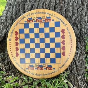Vtg Round Wooden Checkerboard Proverbs 24:3 Wall Hanging Country Grandmacore